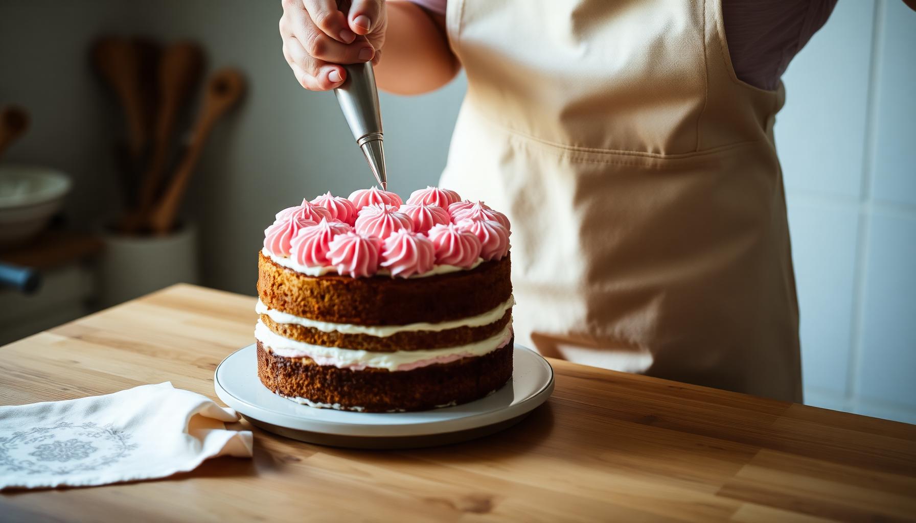 A baker piping buttercream onto a finished layer cake